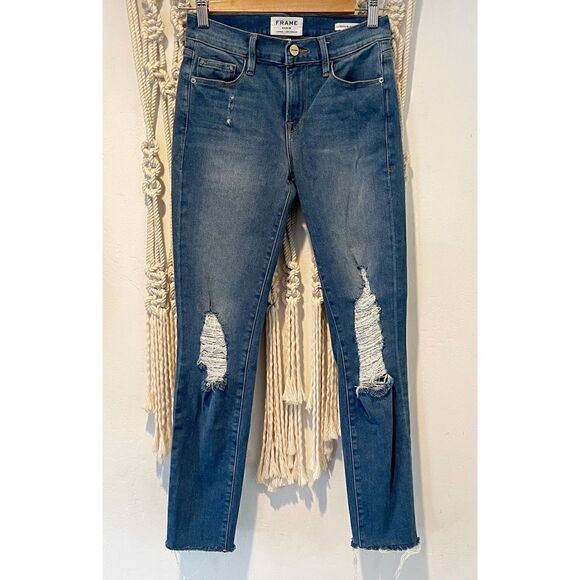 Frame Jeans Skinny Crop 25x26 Mid Rise Denim Capsule Wardrobe Distressed Raw Hem - Picture 1 of 9